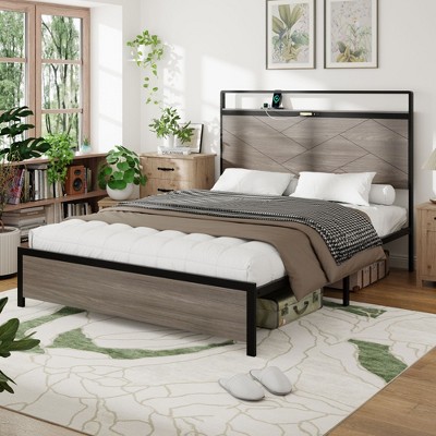 NicBex Full/Queen/King Industrial Style Bed Frame with Storage Headboard & 2 USB,Modern Platform Bed for Bedroom,No Box Spring Needed