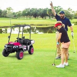 Costway 24V 7AH Kids Golf Cart 4WD 2 Seater Ride on Car with Sun Shade & Dump Bed Pink - 1 of 4