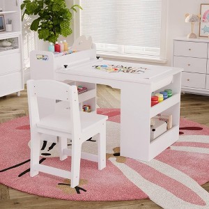 Art Table with 2 Chairs, Craft Play Wood Activity Desk with Large Storage Shelves for Writing Drawing white - 1 of 4