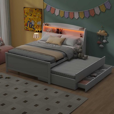NicBex Full Size Platform Bed Modern Wooden Bed Frame with Twin Size Trundle and Pull Out 4-Layer Shelves for Bedroom and Living Room