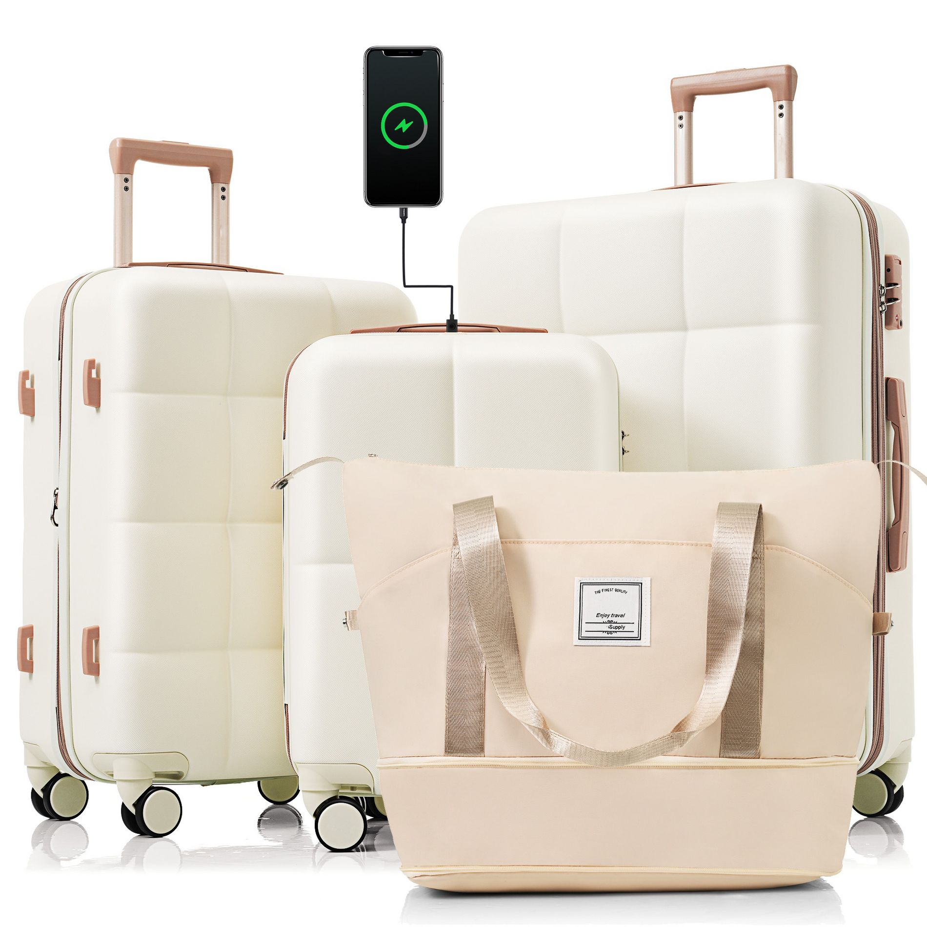 Gulches Luggage Sets 4 Piece, 20" with USB Port,  ABS Durable Suitcase with Travel Bag,  Cup Holder, ABS Hard Shell Luggage with Spinner Wheels, beige