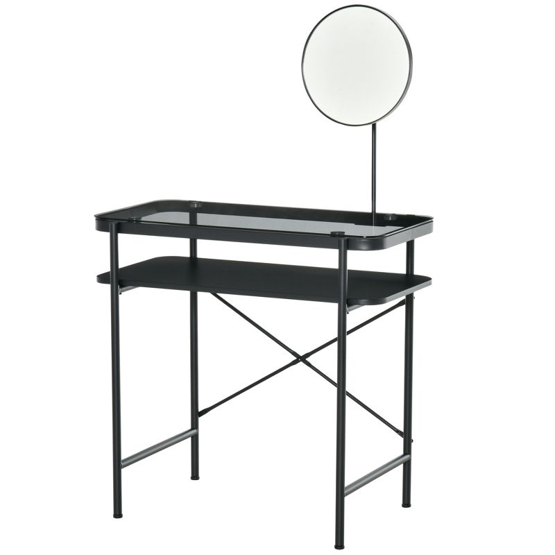 HOMCOM Modern Glasstop Vanity Table with Mirror,  Makeup Dressing Table with Rotating Round Mirror, Shelves for Perfumes, Cosmetics, Lotions, Black, 4 of 7