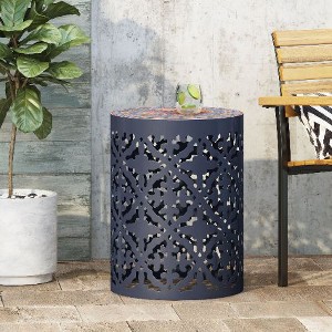 Osparple Outdoor Table with Lace-cut Pattern, Transitional Mosaic Patio Side Table with Ceramic Tile Top, Outdoor End Table for Patio - 1 of 4