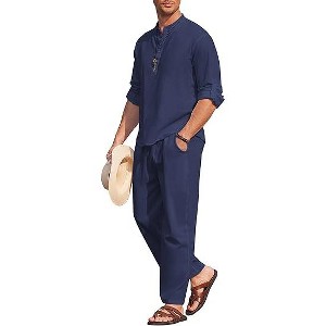 COOFANDY Men's 2 Pieces Cotton Linen Set Long Sleeve Henley Shirts Casual Beach Pants With Pockets Summer Yoga Outfits - 1 of 4