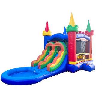 Pogo Bounce House Crossover Bounce House with Water Slide, Modular Rainbow Dual Slide with Splash Pool