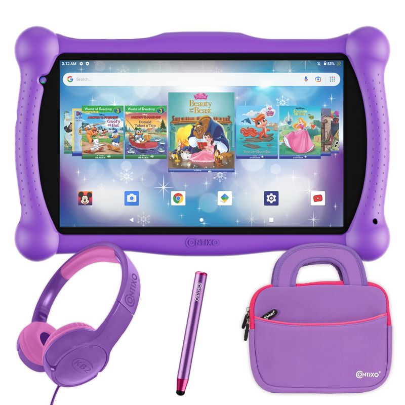 Contixo 7” Kids 32GB Tablet (2023 Model) 50 Disney E-Books HD 7”, Dual Camera, WI-FI + Child Proof Case with Kids Headphones and Tablet Bag, 1 of 12