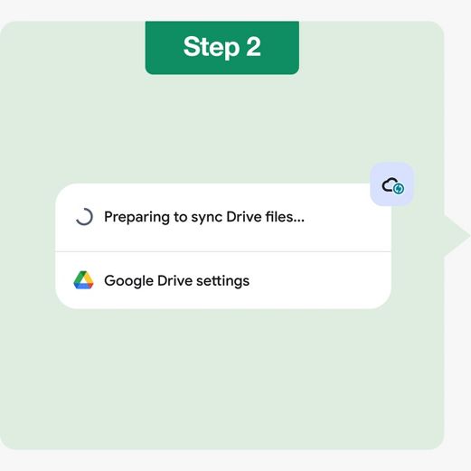 Step 2
Preparing to sync drive files...
Google Drive settings