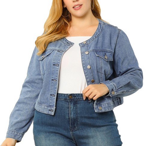 Agnes Orinda Women s Plus Size Long Sleeves Button Down Crew Neck Short Denim Jacket Blue 2X