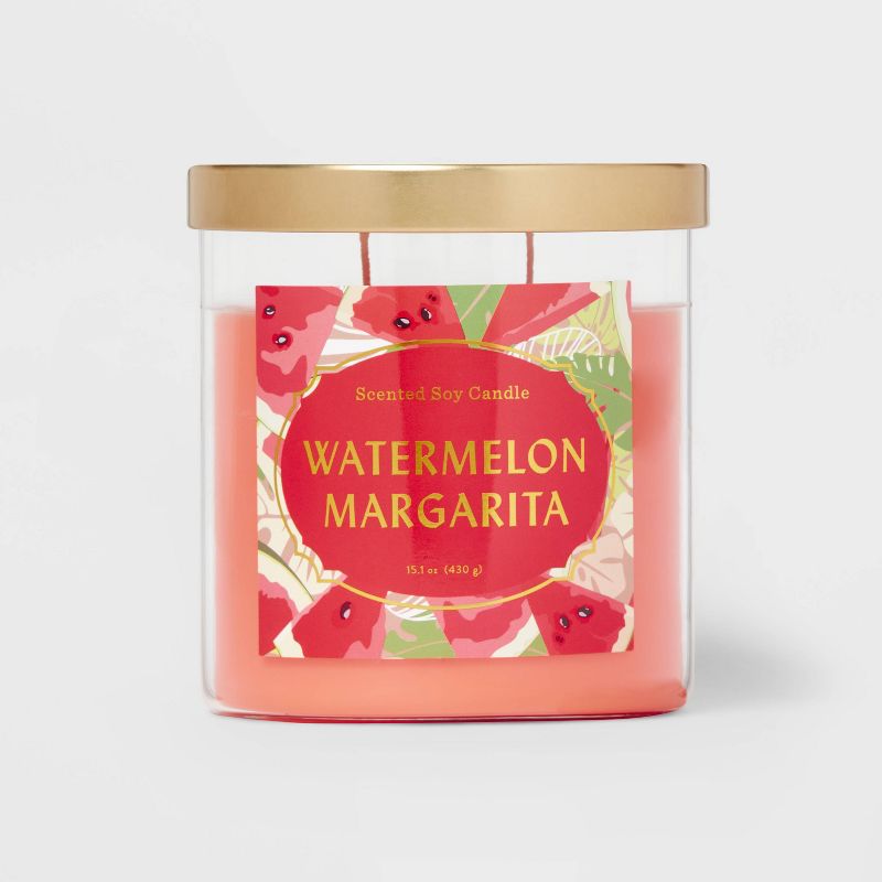 15.1oz 2-Wick Lidded Glass Jar Watermelon Margarita Candle Melon Pink - Opalhouse&#8482;, 1 of 7