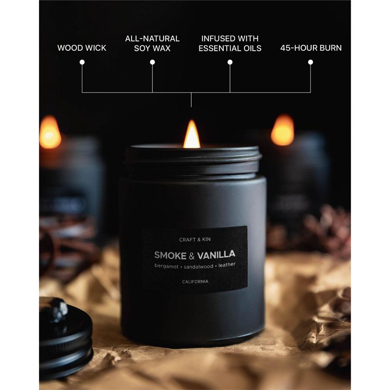 Craft & Kin Wood Wick, All-Natural Soy Aromatherapy Candle in Matte Black Glass Jar, 3 of 6