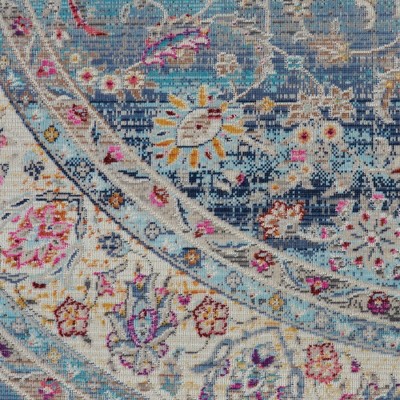 Vintage Kashan Round Blue Synthetic Persian-Inspired Rug, 6 ft