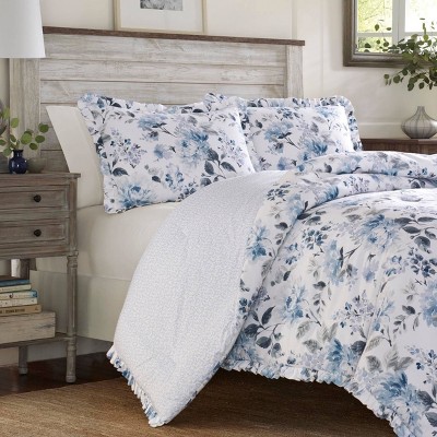 White and Blue Floral Twin Cotton Reversible Comforter Set