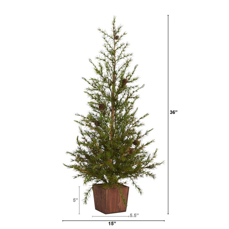 3ft Nearly Natural Unlit Alpine with Pinecones Artificial Christmas Tree in Wood Planter, 3 of 6