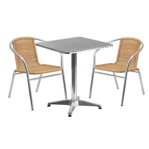 Emma and Oliver 23.5" Square Aluminum Garden Patio Table Set with 2 Rattan Chairs - 1 of 4