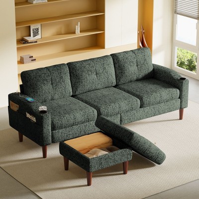 NicBex 3-Seater Linen Sofa Couch with Removable Storage Ottoman & Cup Holders,Upholstered Sleeper Sofa for Living Room,Bedroom