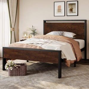 Twin Size Metal Platform Bed Frame with Wooden Headboard and Footboard, Mattress Foundation, No Box Spring Needed - 1 of 4