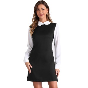 Allegra K Women's Contrast Peter Pan Collar Long Sleeve Above Knee Shift Plaid Dress - 1 of 4
