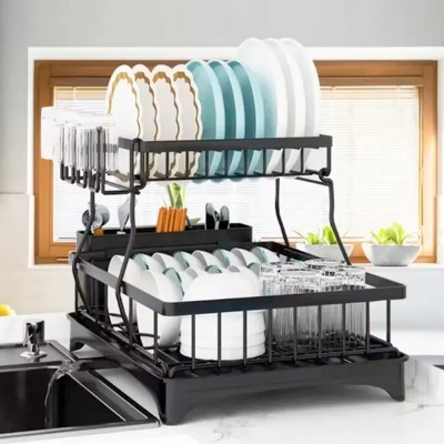 Boersma Stainless Steel Dish Drying Rack with Drainboard – Detachable 2-Tier Dish Drainer for Kitchen Counter, Includes Utensil Holder, Cup Rack