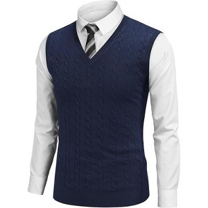 COOFANDY Men's Sweater Vest V Neck Slim Fit Cable Knitted Sleeveless Pullover Sweater - 1 of 4