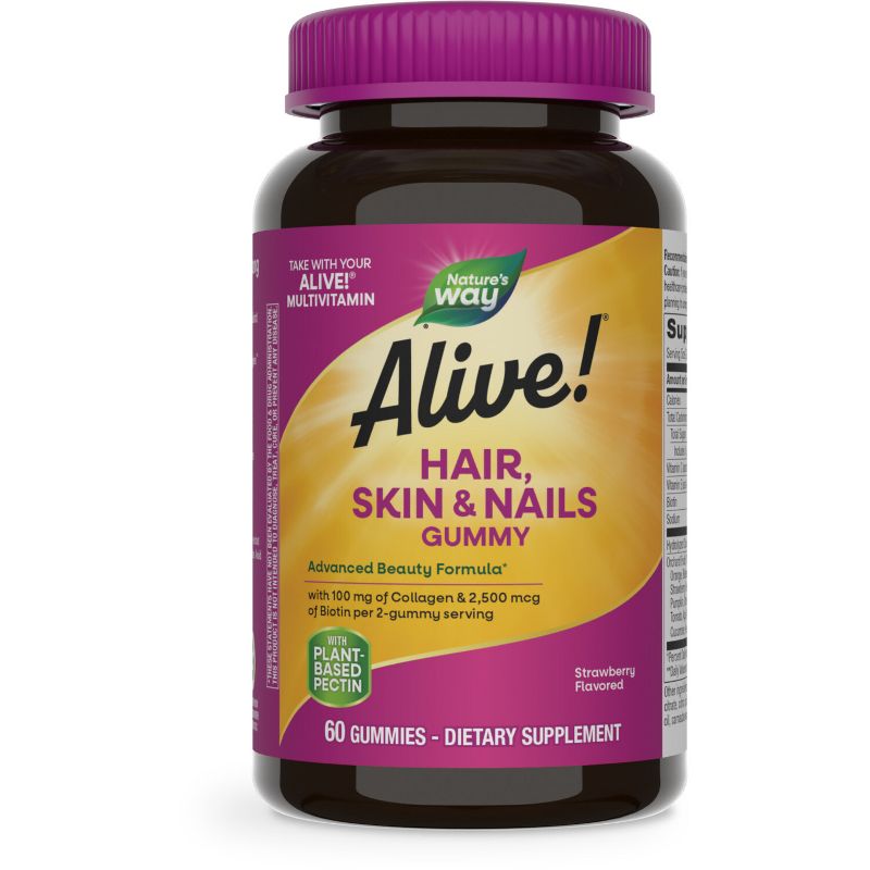 Nature&#39;s Way Alive! Hair Skin Nails Gummies - Strawberry Flavored - 60ct, 1 of 12