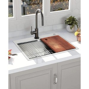 24" x 18" x 9" Drop-In Stainless Steel Single Bowl Kitchen Sink | Modern Top Mount Workstation Sink with Pull-Down Faucet & Accessories - 1 of 4