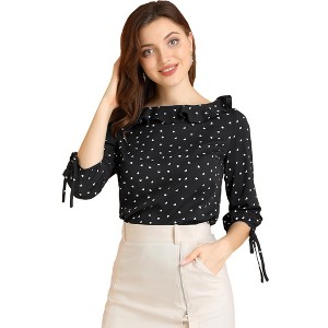 Allegra K Women's Vintage 3/4 Sleeve Boat Neck Ruffled Dots Print Blouse - 1 of 4