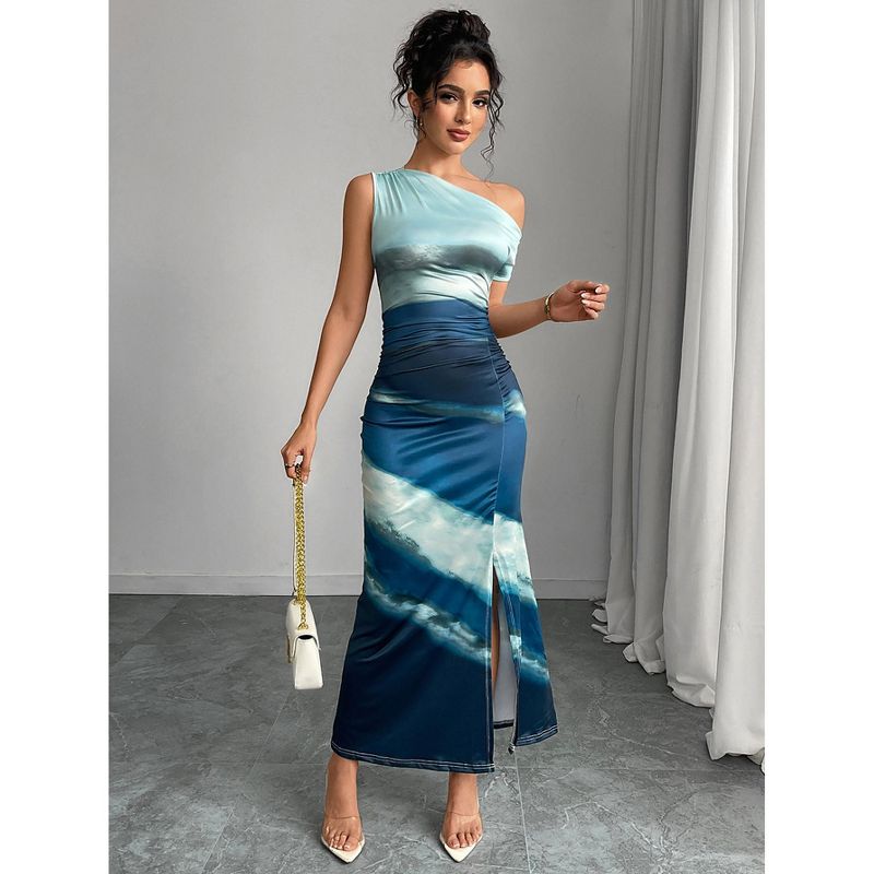 Women One Shoulder Print Midi Dress Ruched Bodycon Slit Cocktail Party Dress, Green, L