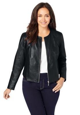 Jessica London Women's Plus Size Collarless Leather Jacket Cropped