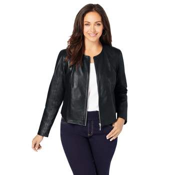 Jessica London Women's Plus Size Collarless Leather Jacket Cropped Moto Racer Jacket