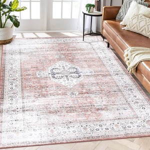 Faux Wool Boho Vintage Floral Printed Area Rug Ultra Thin Low Pile, Machine Washable Stain Resistant  Non Slip Non Shedding Pet Friendly Floor Rug - 1 of 4