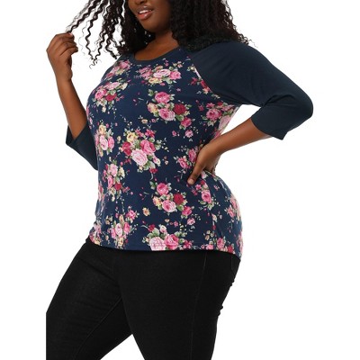 Agnes Orinda Women's Plus Size 3/4 Raglan Sleeves Floral Dressy Casual  Peasant Tops Navy Blue 1x : Target