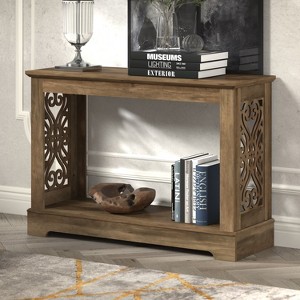 Galano Console Table with Laser-Cut Side Panels in Knotty Oak, 42.1" W x 14.8" D x 29.1" H - 1 of 4