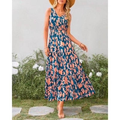 Womens Floral Sundress A-Line Sleeveless Highwaist Maxi Dress Flowy Faux Wrap Maxi Dress with Flounce Hem