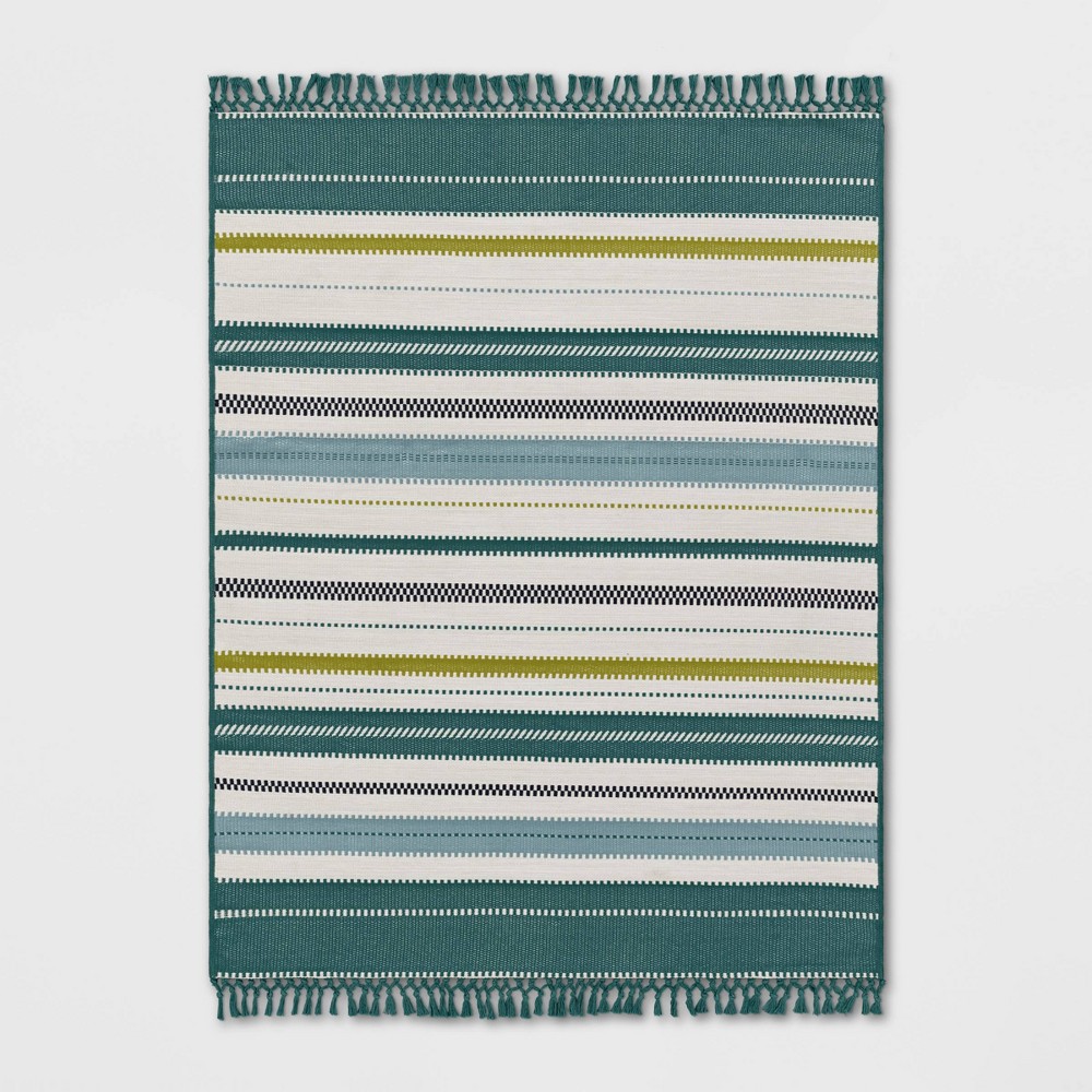 Photos - Doormat 5'x7' Textural Stripe Rectangular Woven Outdoor Area Rug Light Green - Thr