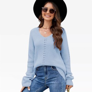 Womens Long Sleeve Sweater V Neck A Line Loose Fit Lightweight Sweater Crochet Knit Pullover Sweaters Off Shoulder Sweater Fall Fashion Outfits - 1 of 4