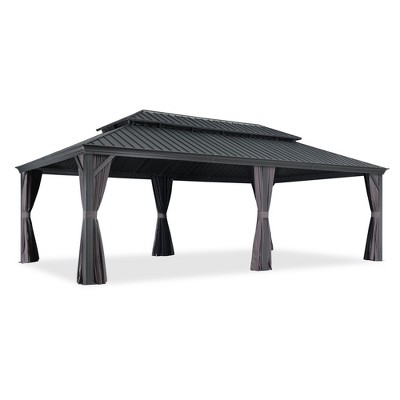 PURPLE LEAF Outdoor Gazebo Aluminum Frame Galvanized Steel Double Roof Patio Hardtop Gazebo with Curtains and Netting for Patio Lawn and Garden