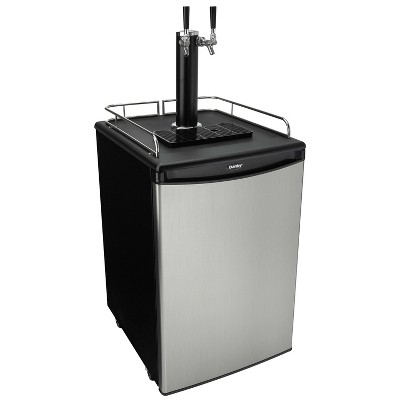 Spotless Steel and Black Dual Tap Freestanding Beverage Dispenser