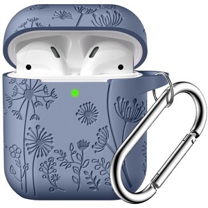 BONGEEK for AirPod Case 2nd 1st Generation Case Cover, Flower Engraved Full Protective Case Soft Silicone Pattern LED Visible,Blue Gray - 1 of 4