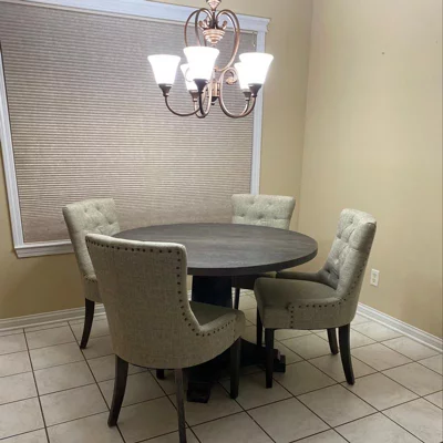 user image by Kitchen dinning table, Angelo:HOME 5pc Ariana Traditional Pedestal Dining Set Gray: Upholstered Chairs, Rubberwood, Pedestal Table