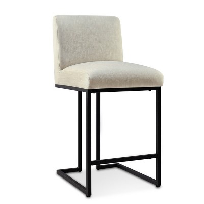 Beige Upholstered Counter Stools with Black Metal Sled Legs, Set of 2