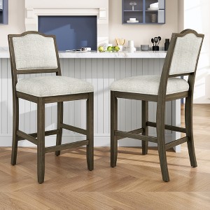 QingMoon Rustic Bar Stools Set of 2, Rubber Wood Counter Height Chairs with Upholstery and Ergonomic Backrest for Kitchen Island, Home Bar - 1 of 4