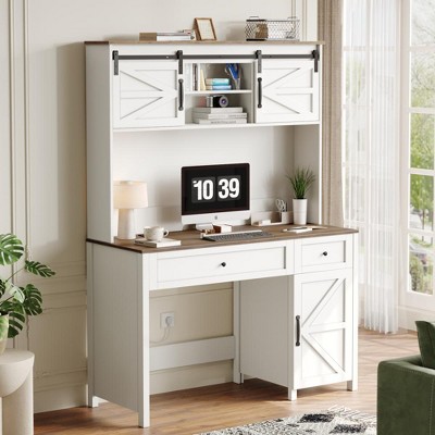 SKRAN 47" Wood Home Office Desk, Executive Desk, Computer Desk Home Office Study Writing Desk with Charging Station, File Drawer, Storage Cabinet