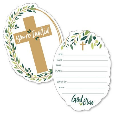 Big Dot of Happiness Elegant Cross - Shaped Fill-in Invitations - Religious Party Invitation Cards with Envelopes - Set of 12