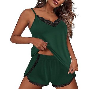 Ekouaer Satin Pajama Set for Women 2 Piece Silky Lingerie Sleepwear Lace Camisole Pj Shorts Set Soft Nightwear - 1 of 3