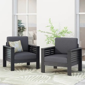 Outdoor Acacia Wood Patio Club Chair,Gray Fabric Upholstered Garden Club Chair,Lounge Armrests Chair WIth Adjustable Levelers-Coolbibila - 1 of 4