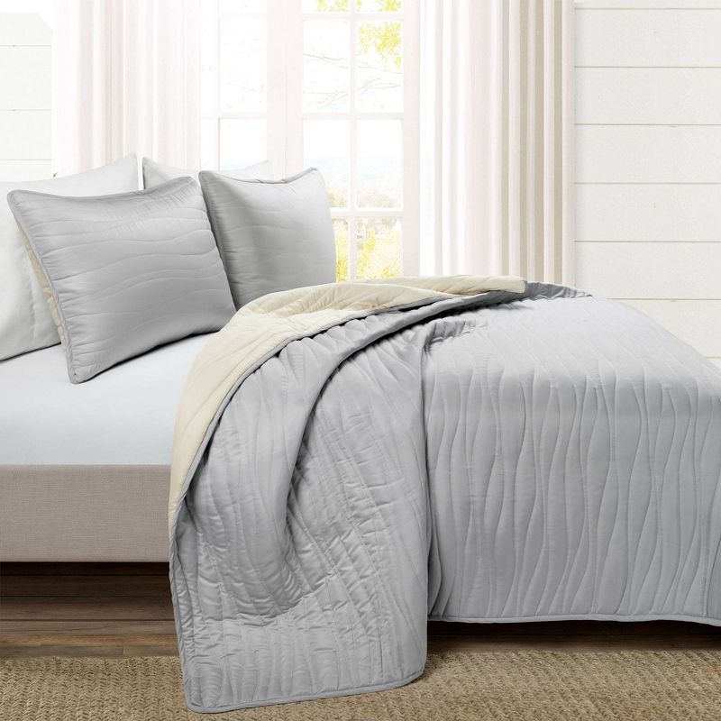 3pc Soft Wave Silver Infused Antimicrobial Reversible Quilt Gray/Neutral- Lush Décor, 4 of 11