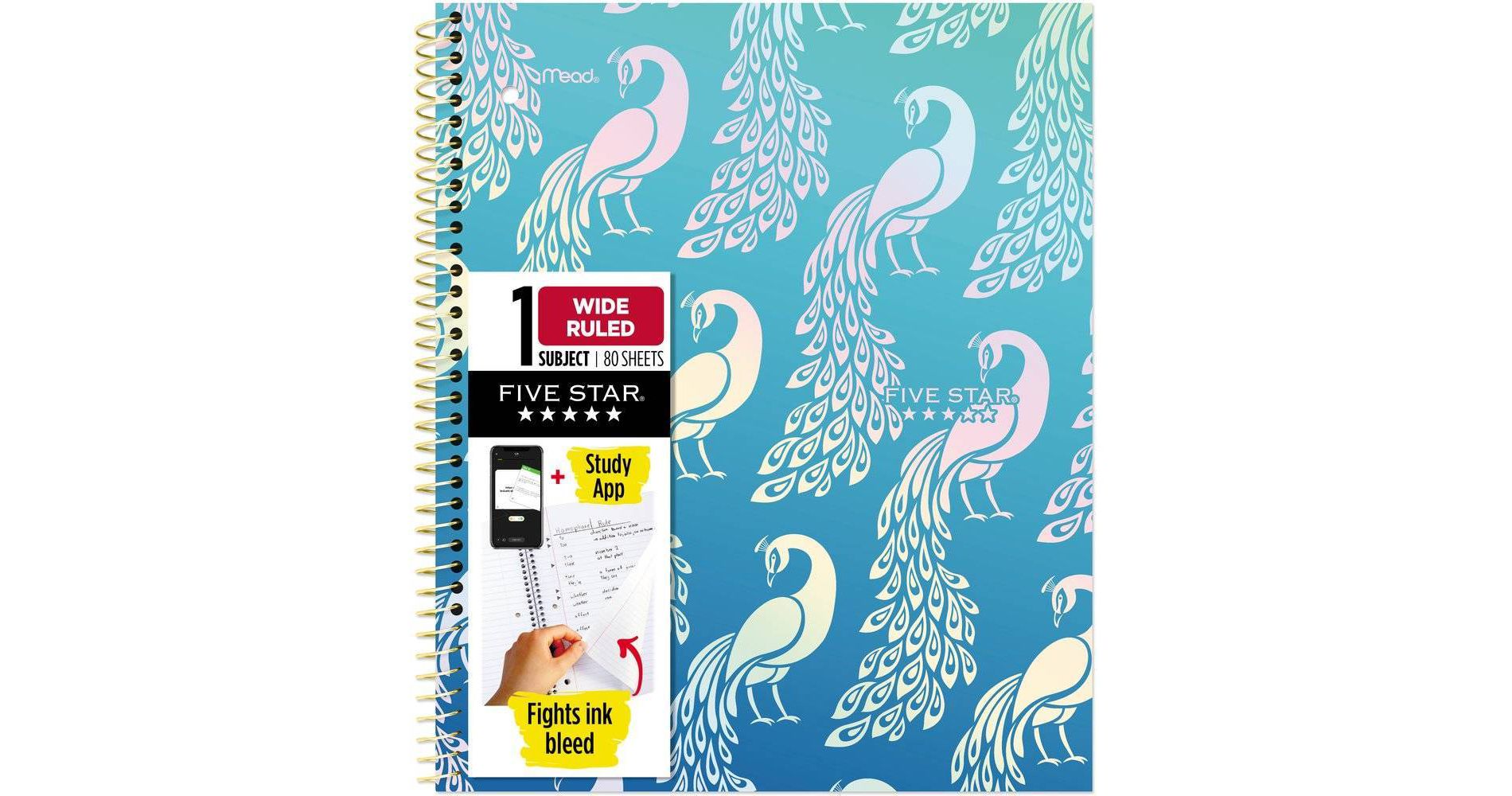 Five Star Fashion Wide Ruled Notebook 80ct Peacock, School Supplies