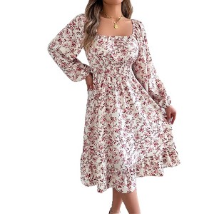 Clearlove Women's Sqaure Neck Casual Floral Dress Long Sleeve Printed Maxi Dress Ruffle Shirred Flowy Dress - 1 of 4