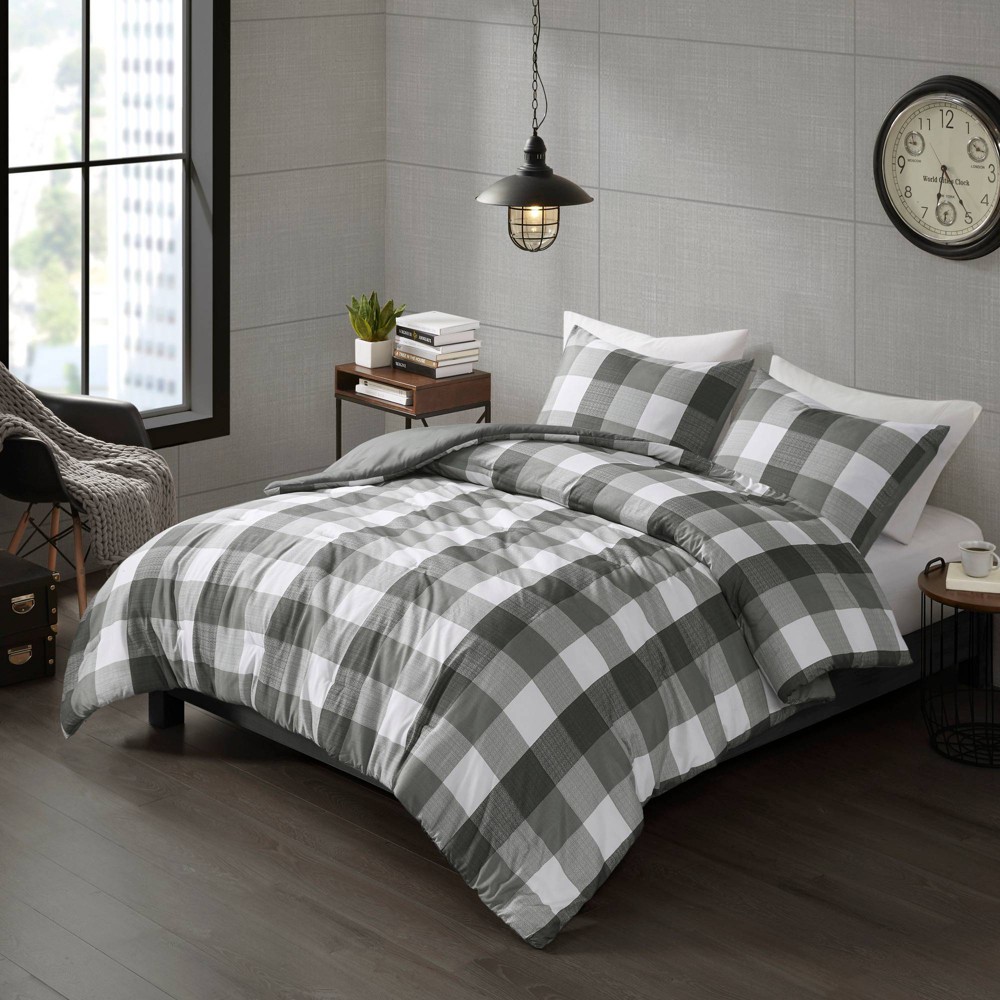 Photos - Bed Linen Full/QueenJonah Plaid Check Print All Season Comforter Set Charcoal Gray 