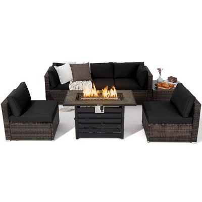 Tangkula 7PCS Patio Rattan Furniture Set 42" Fire Pit Table w/ Cover Cushioned